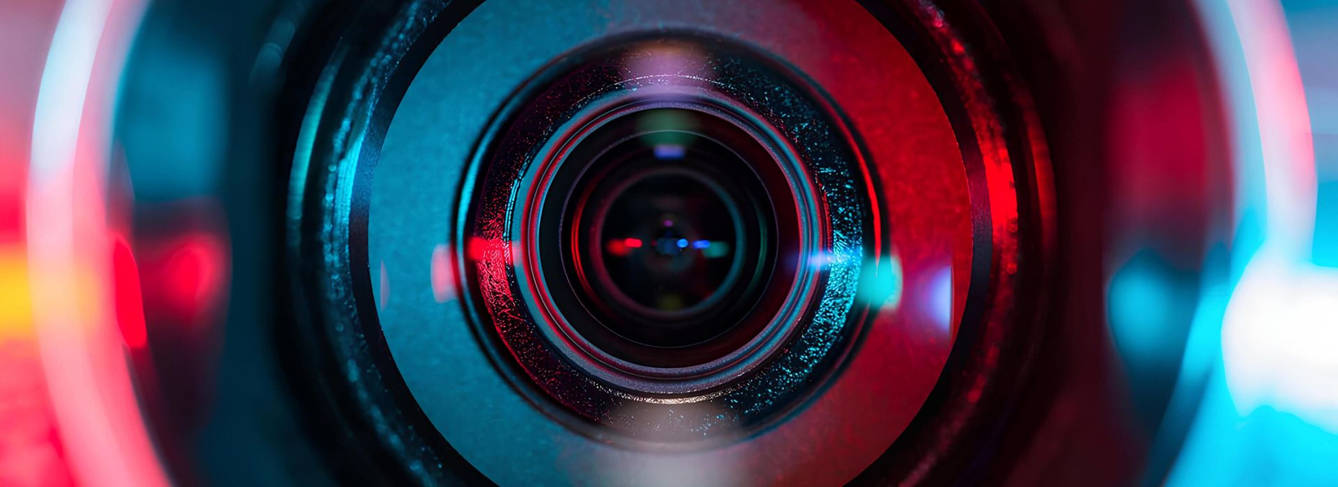 Nahaufnahme eines Kameraobjektivs mit bunten Lichtern, die die Linse umgeben.
